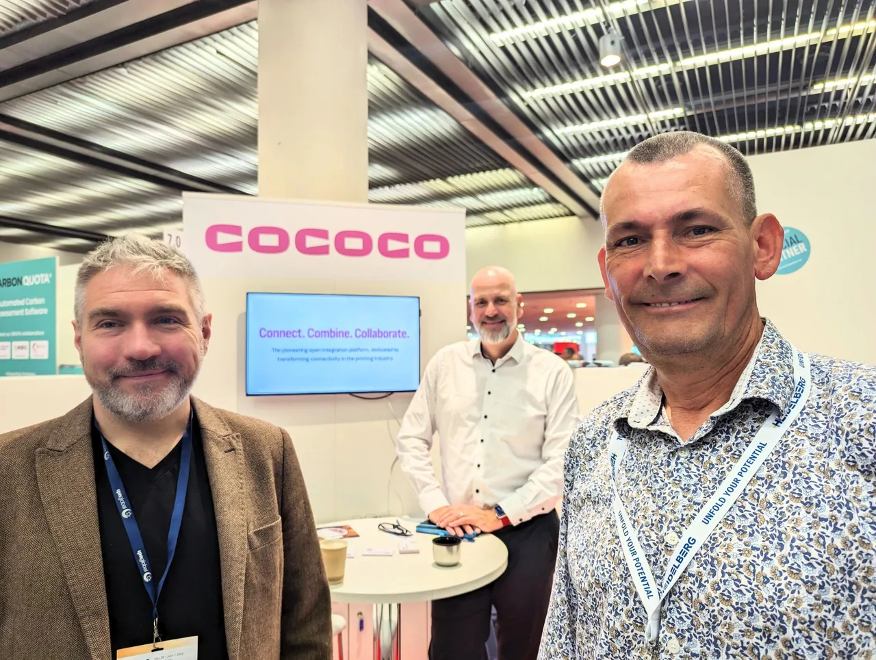 John Maxwell, Andreas Aplien and Karl Ciz at the CoCoCo booth at Drupa 2024.