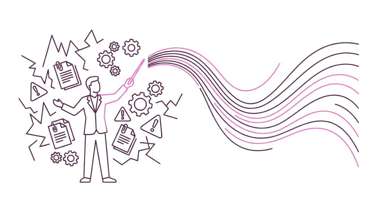 Abstract illustration of a production manager using a neon pink baton to turn chaotic icons into a synchronized data flow, symbolizing control.