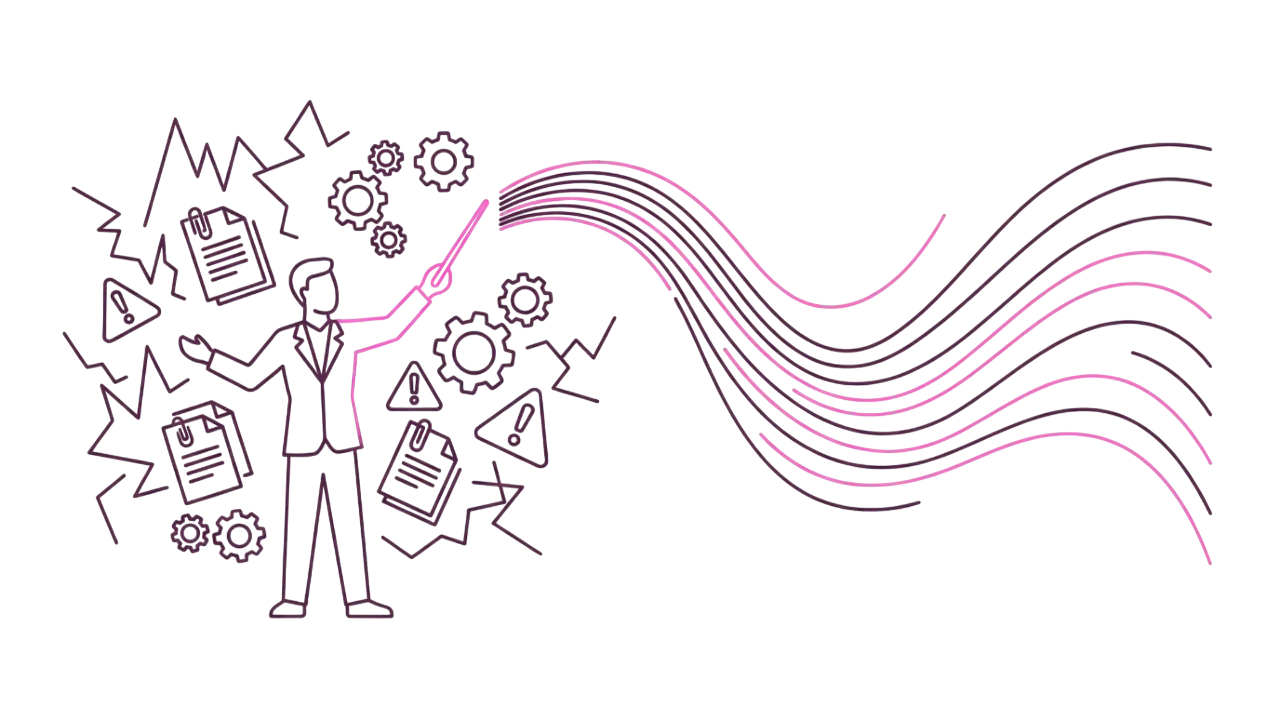 Abstract illustration of a production manager using a neon pink baton to turn chaotic icons into a synchronized data flow, symbolizing control.