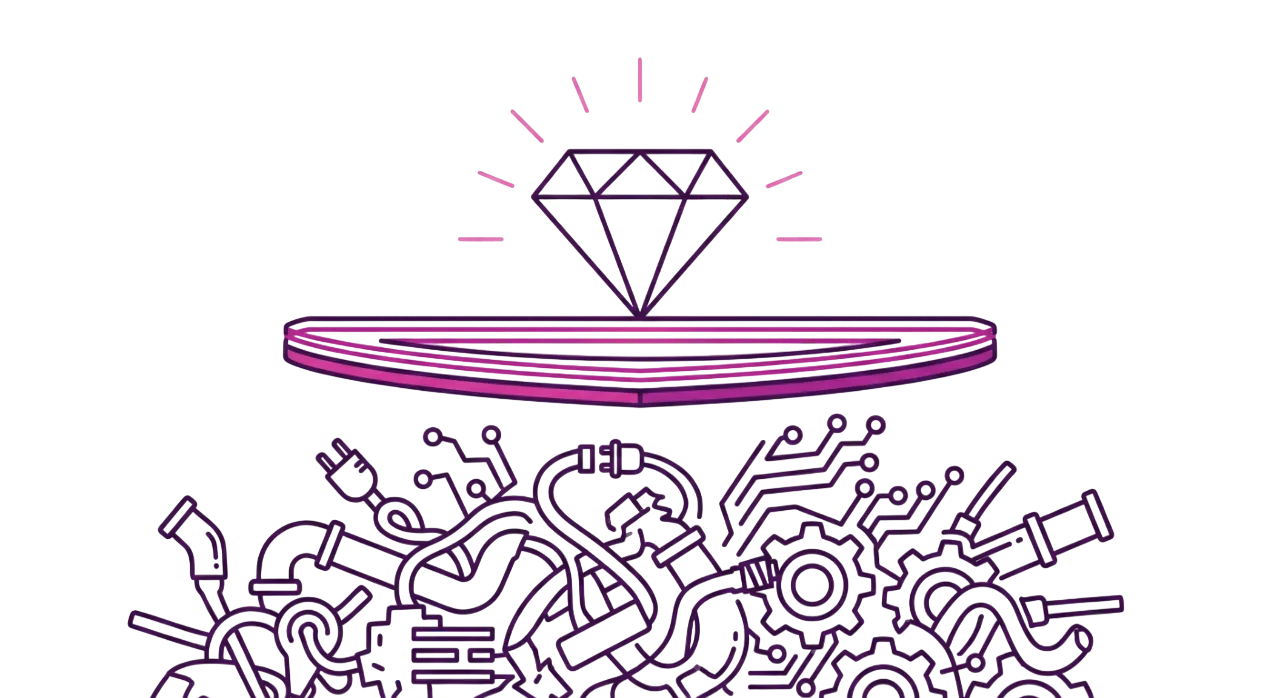 Visualization of the concept 'Stop Building Plumbing': A unified API layer organizes complex industrial processes and generates value, represented by a glowing diamond.
